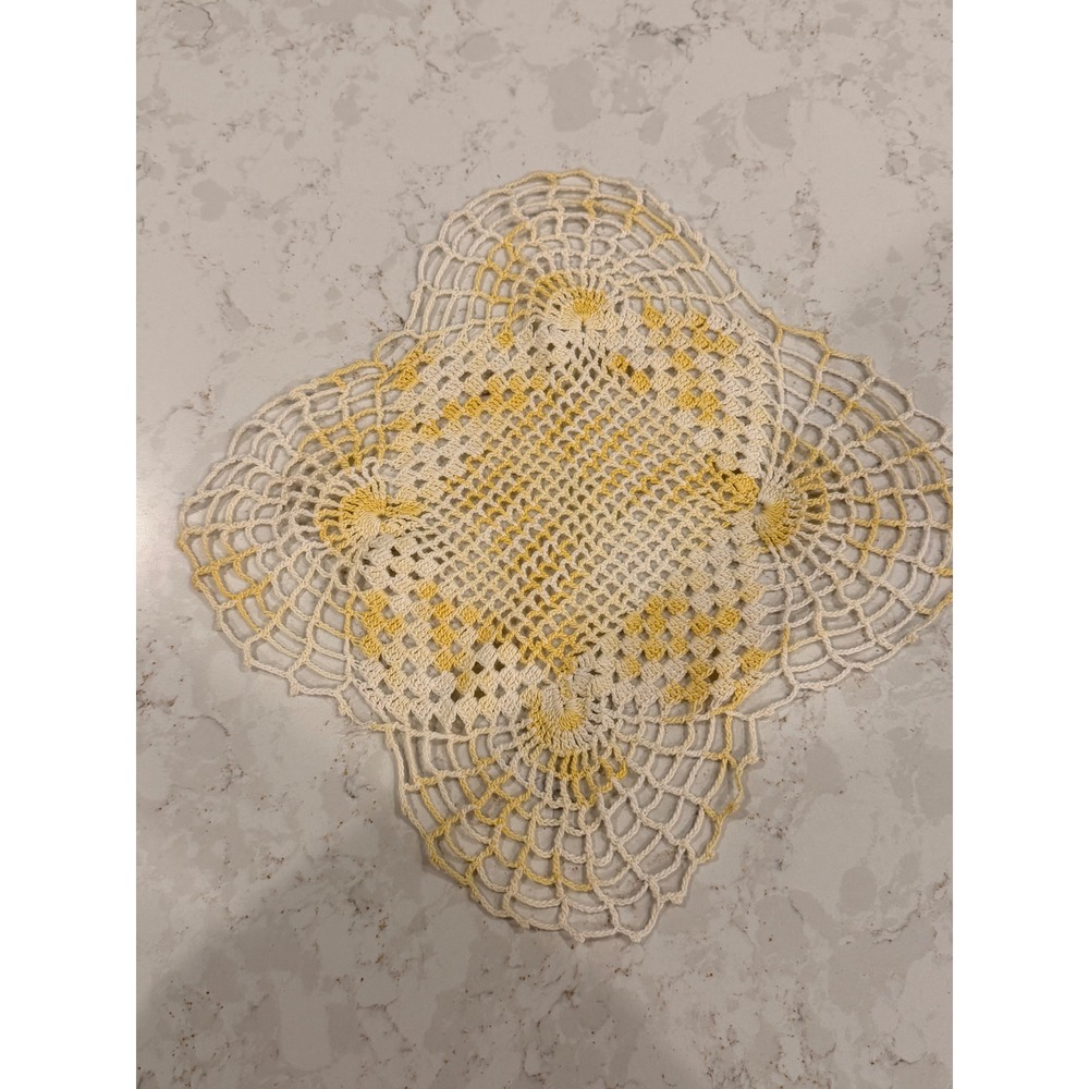 Vintage Handmade Crochet Doily Square Yellow White Scalloped Lace Table Decor